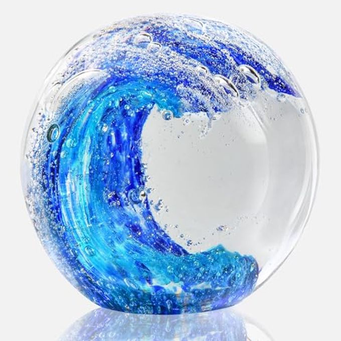 QIANCHANG 3.15" Large Ocean Wave Glass Paperweight, Hand Blown Sea Glass Figurines, Blue Waves Decor Coastal Beach Themed Gifts - Image 1
