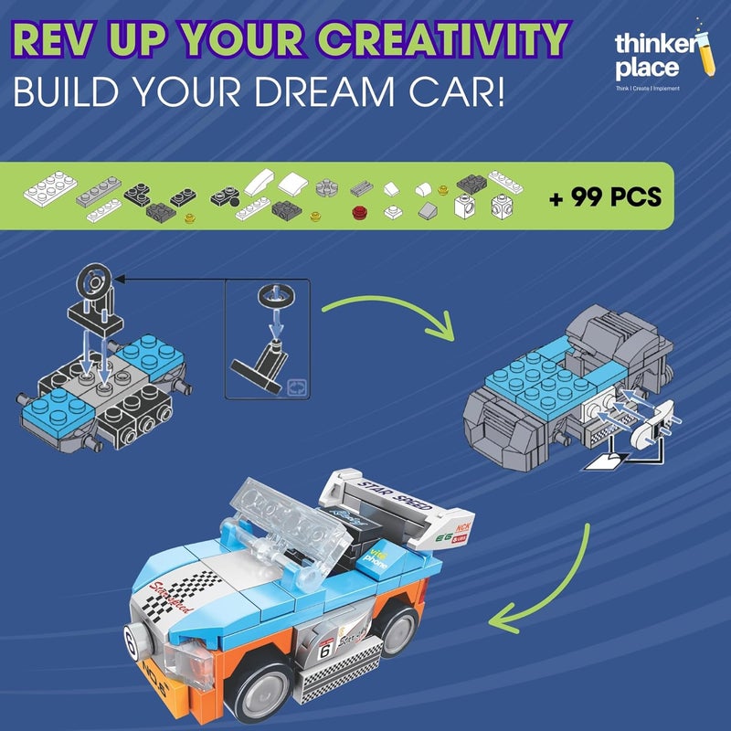 ThinkerPlace 8-in-1 Speed Racing Cars Star Speed (99 Pieces) | Learn About Electric Vehicles | Building Block Set for Kids Age 6+ | STEM Educational Toy | Build, Collect & Create Big-Size Racing Car - Image 2