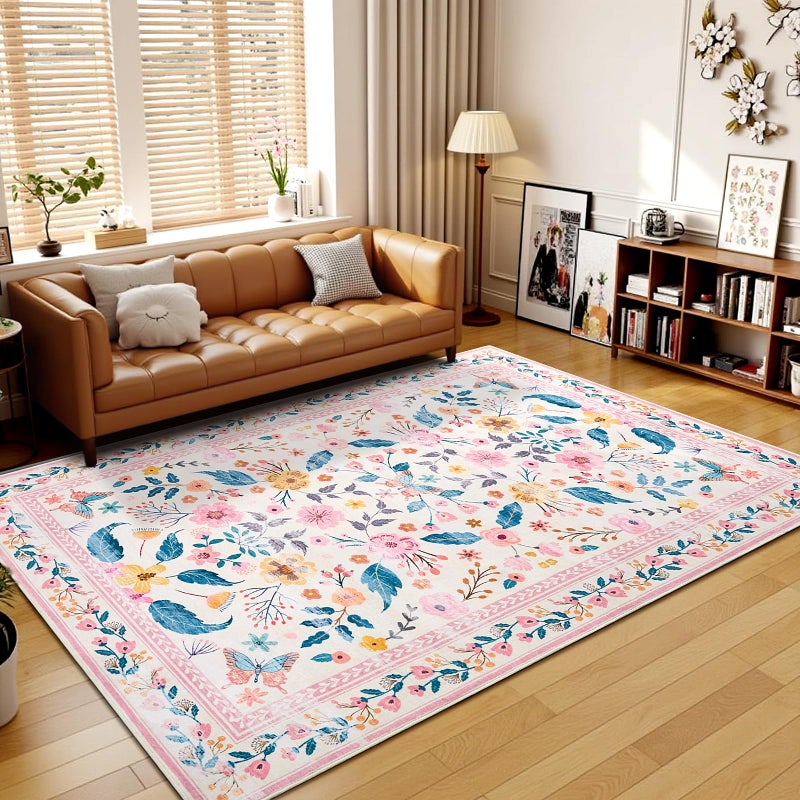 Terrug 5x7 Pink Floral Area Rug for Living Room,Boho Machine Washable Ultra-Thin Rugs with Non-Slip Blacking for Bedroom,Large Flower Carpet for Dining Room Playroom Floor Decor - Image 2