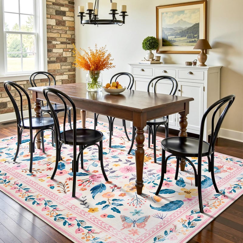 Terrug 5x7 Pink Floral Area Rug for Living Room,Boho Machine Washable Ultra-Thin Rugs with Non-Slip Blacking for Bedroom,Large Flower Carpet for Dining Room Playroom Floor Decor - Image 4