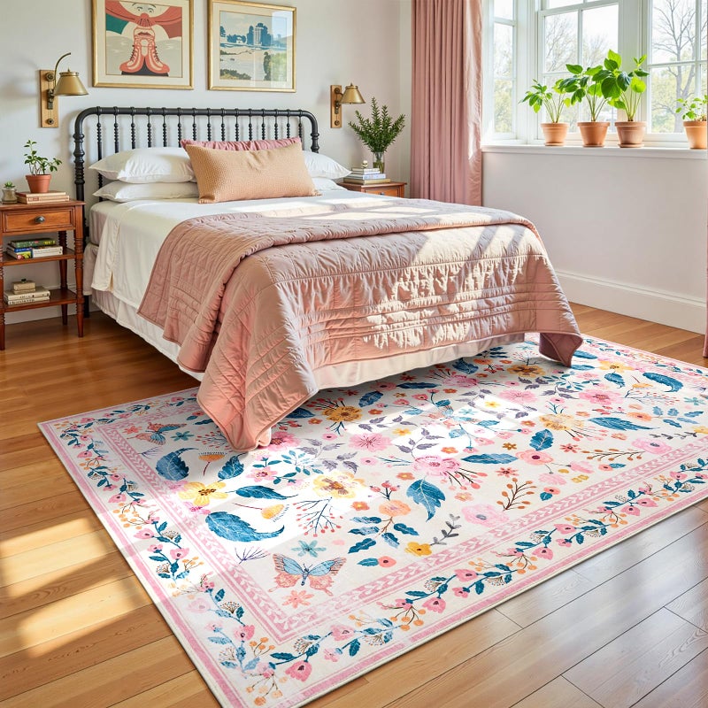 Terrug 5x7 Pink Floral Area Rug for Living Room,Boho Machine Washable Ultra-Thin Rugs with Non-Slip Blacking for Bedroom,Large Flower Carpet for Dining Room Playroom Floor Decor - Image 3