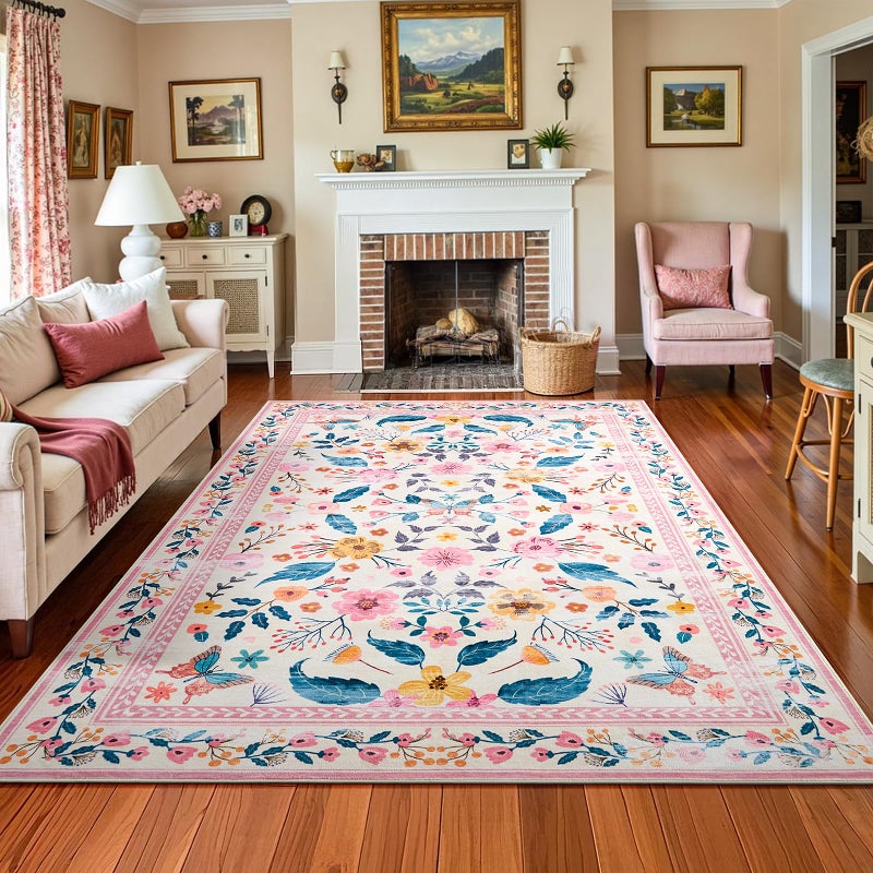 Terrug 5x7 Pink Floral Area Rug for Living Room,Boho Machine Washable Ultra-Thin Rugs with Non-Slip Blacking for Bedroom,Large Flower Carpet for Dining Room Playroom Floor Decor - Image 1