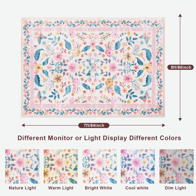 Terrug 5x7 Pink Floral Area Rug for Living Room,Boho Machine Washable Ultra-Thin Rugs with Non-Slip Blacking for Bedroom,Large Flower Carpet for Dining Room Playroom Floor Decor - Image 5