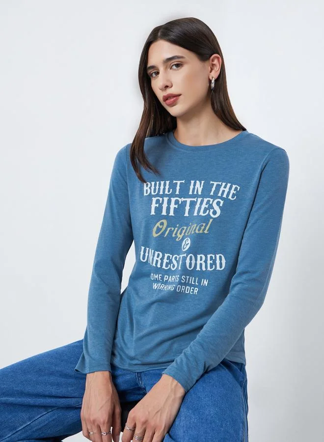 Take Two Take Two Blue Round Neck Regular Fit T-Shirt