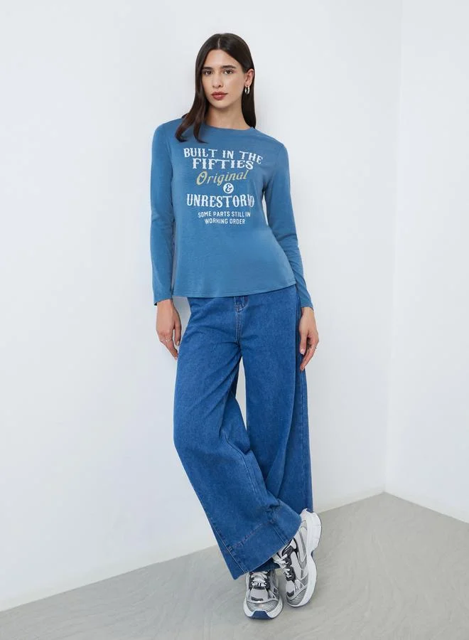 Take Two Take Two Blue Round Neck Regular Fit T-Shirt