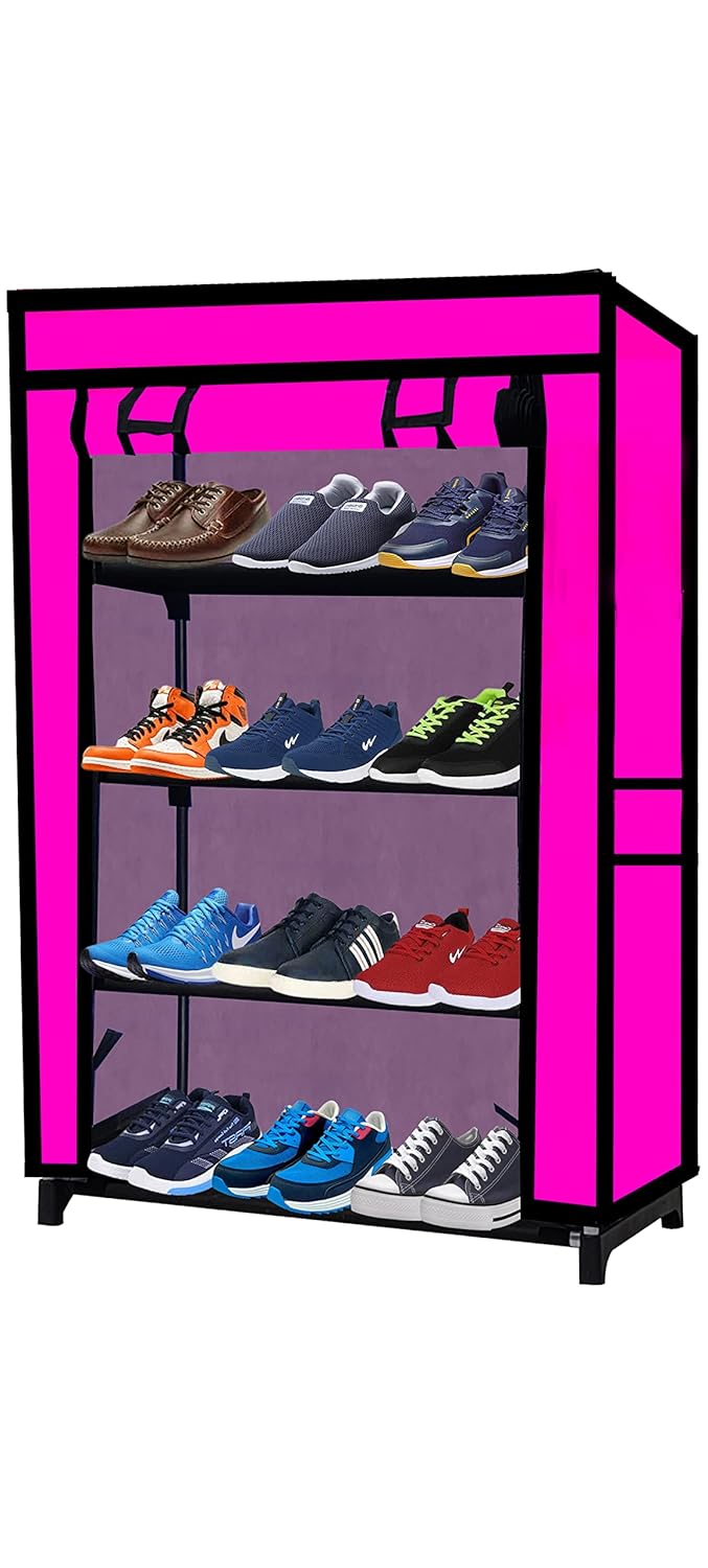 ROBMOB ROBMOB Premium 4Tiers Shoe Rack Multipurpose Storage Rack with Dustproof Cover Iron Pipes Non Woven Fabric Plastic Connector Pink
