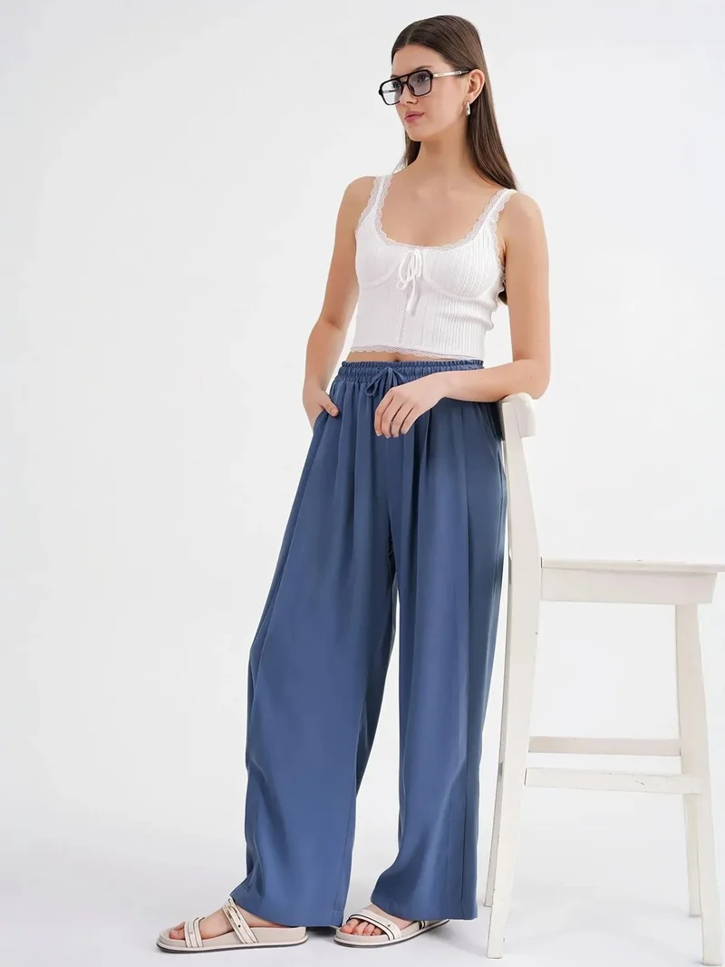 MixRay Moroccan Blue MIXRAY Basic Wide Leg Pants for Women | Best Price UAE