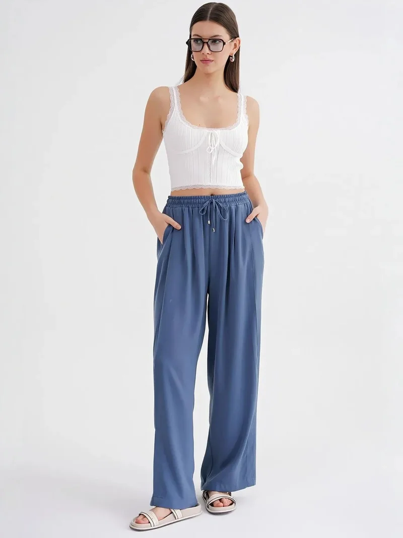 Mixray Moroccan Blue MIXRAY Basic Wide Leg Pants for Women | Best Price UAE