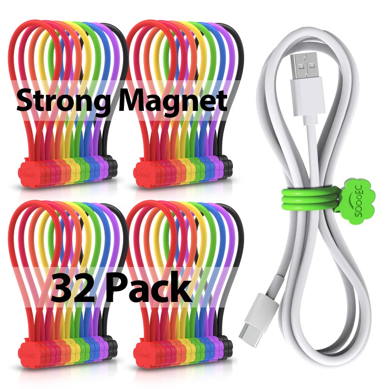 SOOOEC Snap On Magnetic Cable Ties, 32 Pack 7.2" Magnetic Cord Organizer Cute Cloud Design, Silicone Twist Ties with Strong Magnet for Bundling and Cable Management, Fridge Magnets, Assorted Colors. - Image 1