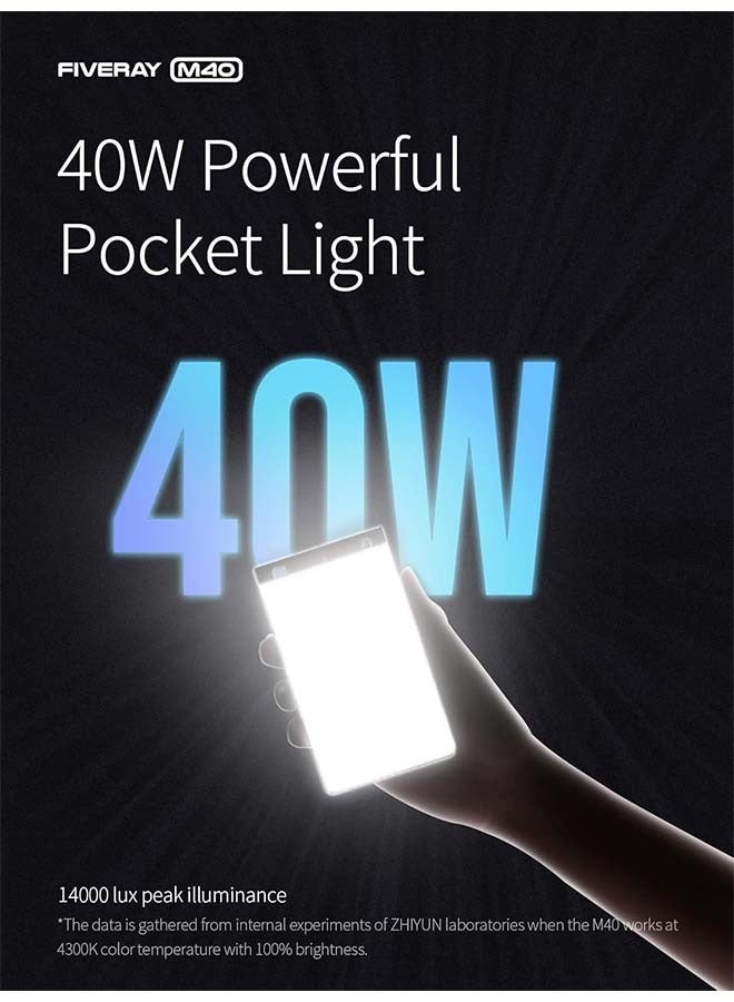 ZHIYUN FIVERAY M40 Video Light [Official], 40W Portable Camera Light, 14000 Lux, CRI/TLCI 96+ 2700-6200K, 320g LED Panel DSLR Photography Lighting, Lighting Setup for YouTube, TikTok - Image 4