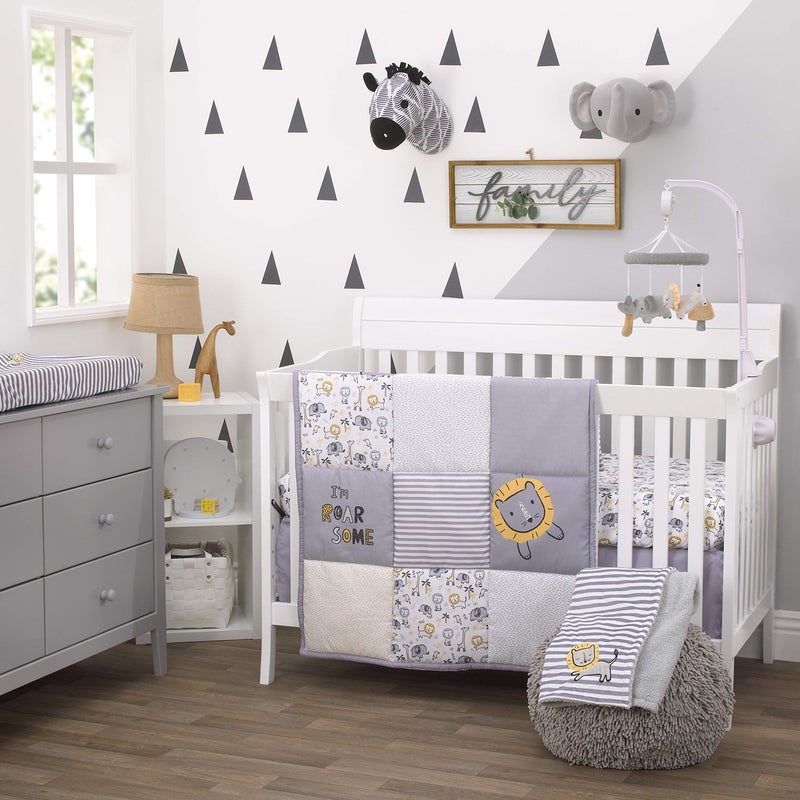 NoJo Little Love Roarsome Lion Grey Yellow White 3 Piece Nursery Crib Bedding Set with Comforter Fitted Crib Sheet Dust Ruffle