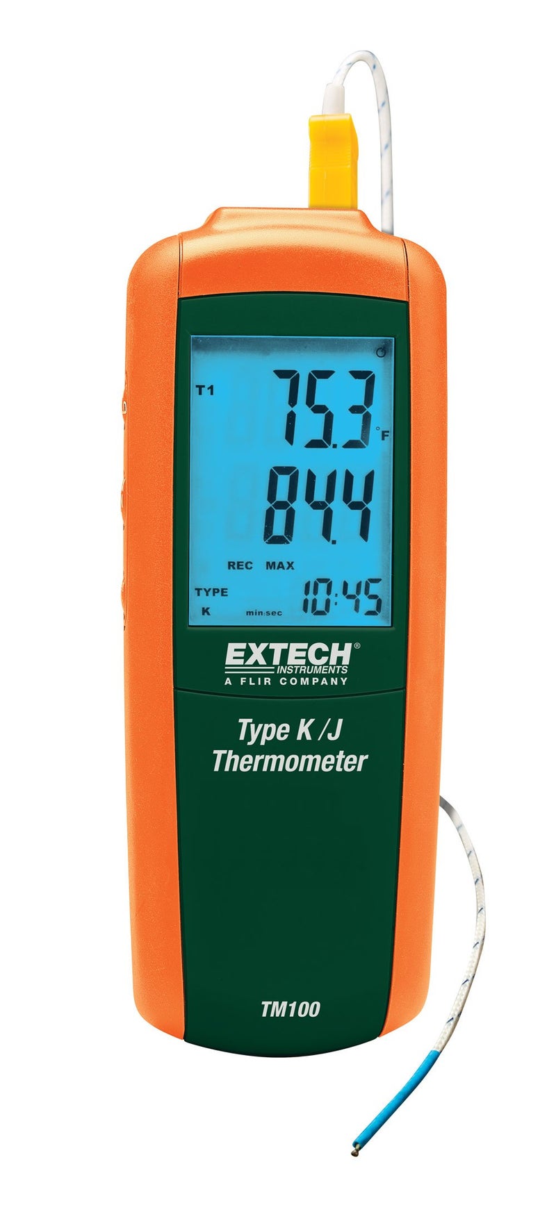 Extech TM100 Type K/J Digital Thermometer - Wide Range -328 °F to 2501 °F, Backlit LCD, Min/Max/Avg, Data Hold & Offset, Auto Power-Off, Bead Wire Probe Included - Image 1