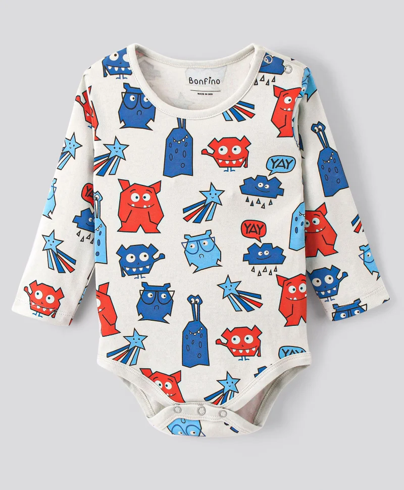 Bonfino Bonfino 100% Cotton Full Sleeves Onesies Monster Print Pack of 3  - Multicolor