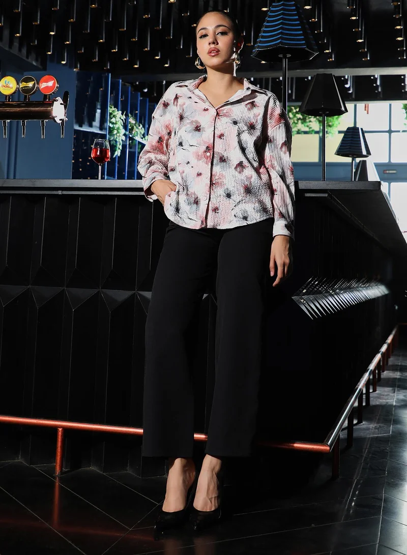 Pinacolada  Women's Off-White Stained-Flora Textured Oversized Shirt | نساء | أكمام طويلة | طبعة زهرية | طوق منتشر | كاجوال كبير الحجم | قميص for Women | Best Price UAE