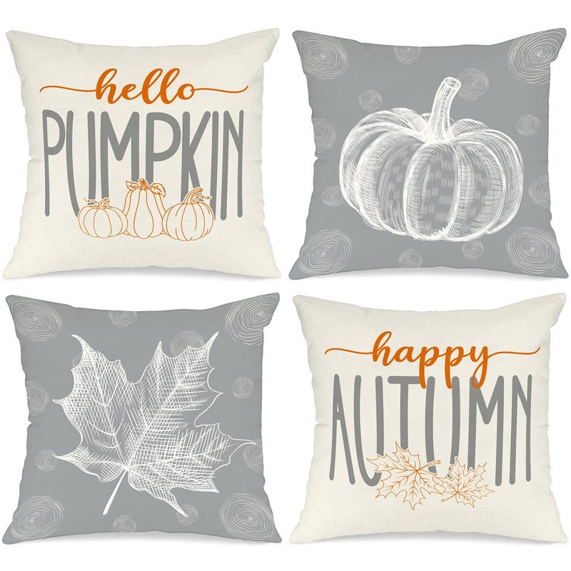 Benjia Grey 45x45 Autumn Cushion Covers Set of 4 Maple Leaf Pumpkin Decorative Holiday 18x18 Inch Fall Throw Pillow Covers Thanksgiving Pillow Case for Indoor Home Bedroom Couch Sofa Decor 45x45cm