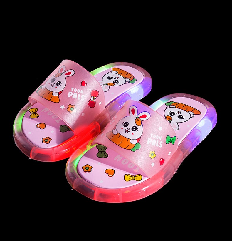 Summer New luminous childrens crystal slippers a step on the bright with lights cartoon baby flash childrens shoes factory direct sales Pink glowing rabbit-NEW