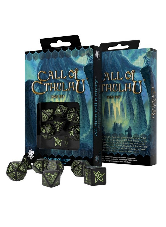Q WORKSHOP Q-Workshop Call of Cthulhu Black & Glow-in-The-Dark RPG Ornamented Dice Set 7 Polyhedral Pieces Black & Glow-in-the Dark, Standard (15mm - 17mm) - Image 2