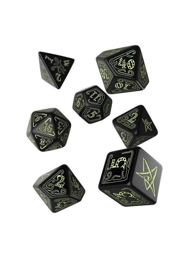 Q WORKSHOP Q-Workshop Call of Cthulhu Black & Glow-in-The-Dark RPG Ornamented Dice Set 7 Polyhedral Pieces Black & Glow-in-the Dark, Standard (15mm - 17mm) - Image 1