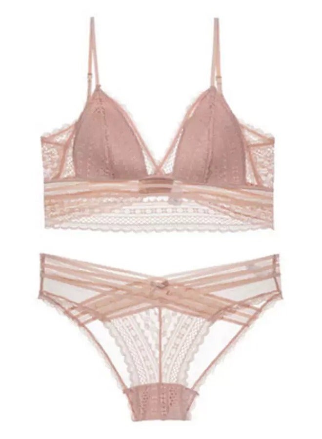 Comfy Solid Color Thin Cup Lace No Steel Ring Bras Panty Set Pink Size S 