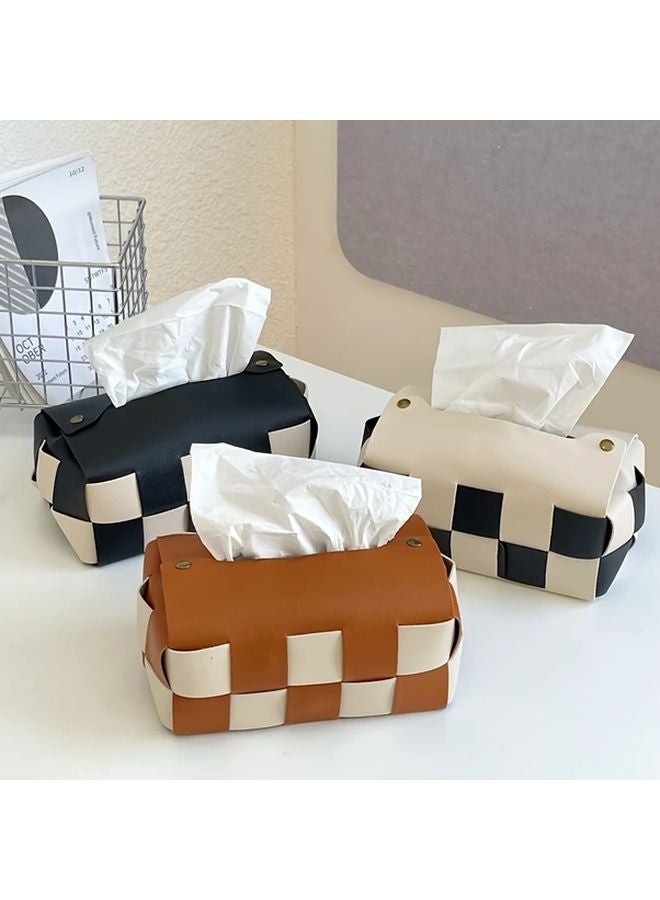 حامل علبة المناديل بتصميم شبكي بالأبيض والأسود من الجلد المنسوج الاصطناعي مع لمسات ذهبية - Image 4