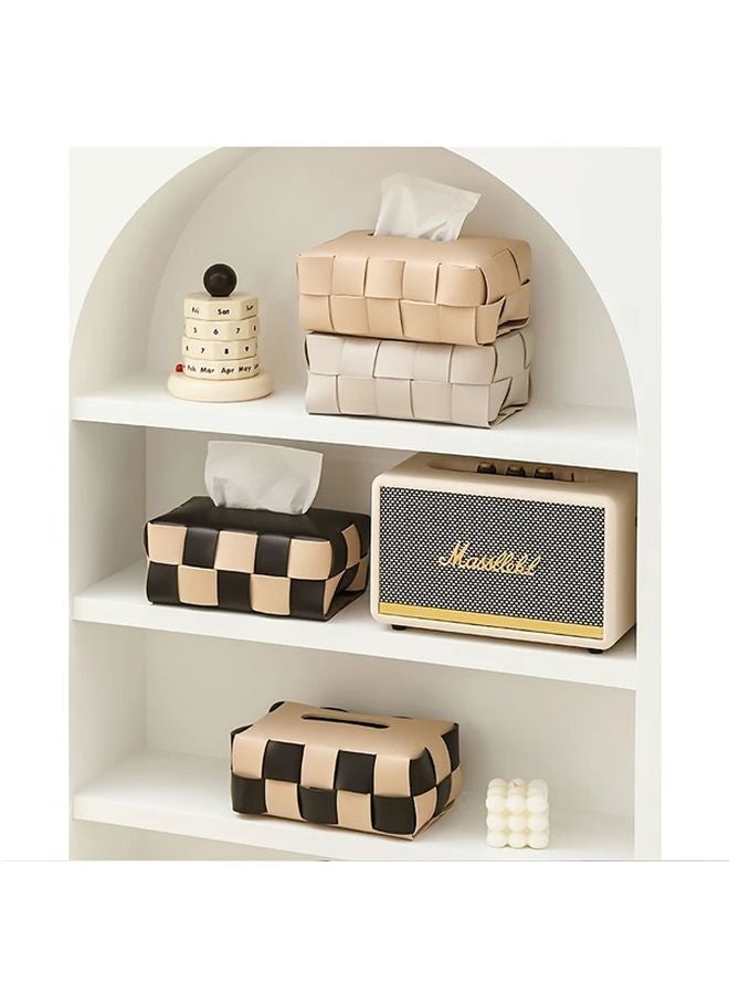 حامل علبة المناديل بتصميم شبكي بالأبيض والأسود من الجلد المنسوج الاصطناعي مع لمسات ذهبية - Image 2