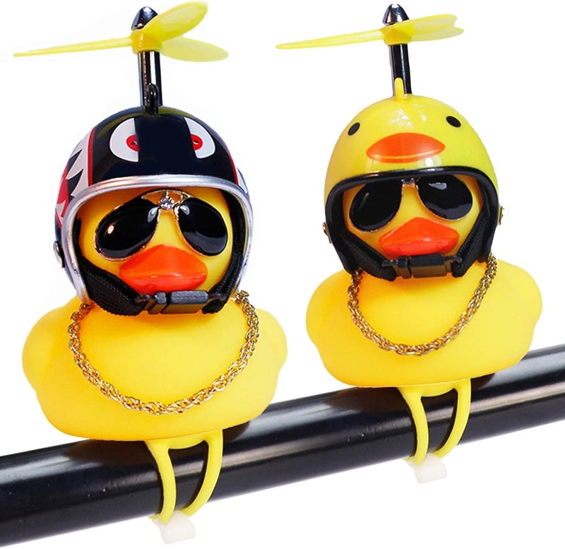 wonuu Rubber Duck Car Ornaments, 2Pcs Yellow Duck Car Dashboard Decorations Squeeze Duck Bicycle Horns with Propeller Helmet - Image 1