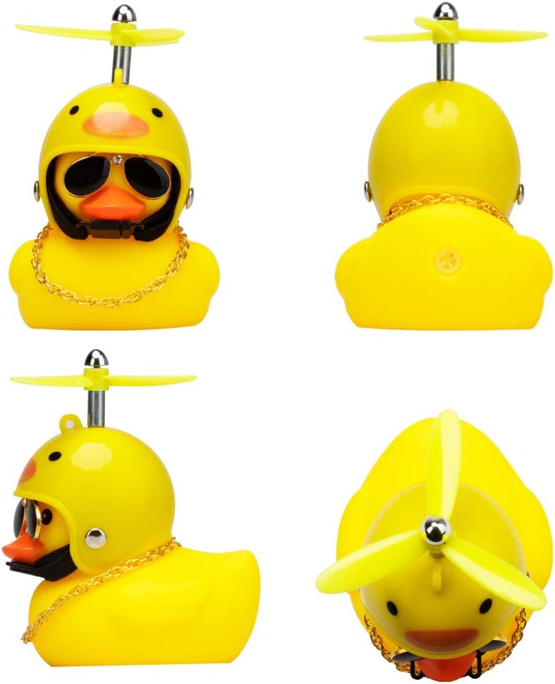 wonuu Rubber Duck Car Ornaments, 2Pcs Yellow Duck Car Dashboard Decorations Squeeze Duck Bicycle Horns with Propeller Helmet - Image 3