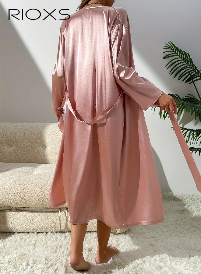 RIOXS 2Pcs Womens' Satin Robe Set, Soft Nightgown with Robes for Ladies, Ice Silk Pajama Set 2 Pieces Lingerie Cowl Neck Cami Sleepwear Sets with Belt, Comfortable Nightwear Set for Home/Hotel/ Vacation/Leisure/Sleeping/Spa, Pink - Image 4