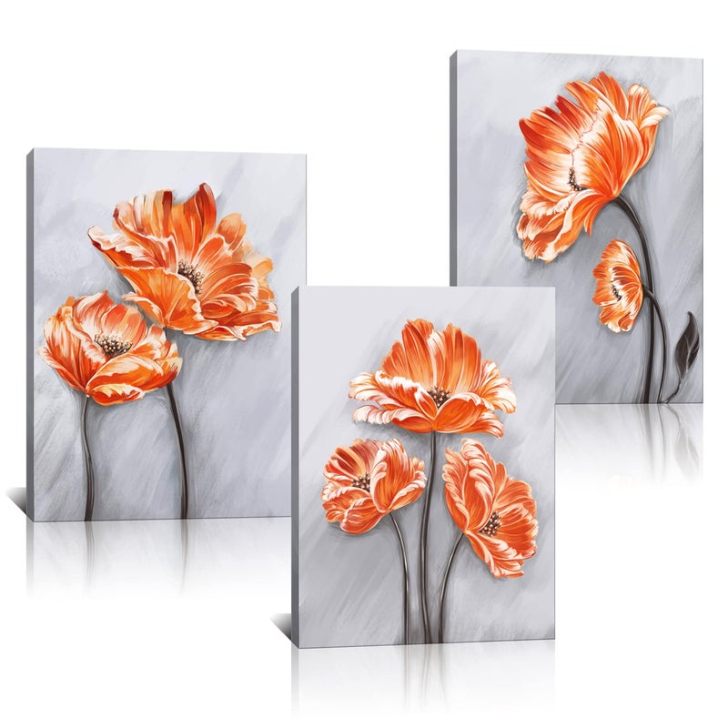 Derkymo 3 Panels Elegant Poppy Wall Painting Orange Flower Canvas Wall Art Pictures of Poppy Flowers for Home Decoration Stretched and Framed Easy to Hang 12"x16"x3pcs