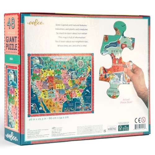 eeBoo 48 Piece Giant Floor Puzzle USA Map Childrens Puzzle Geography Themed Large Pieces for Small Hands to Develop Motor Skills - Image 5