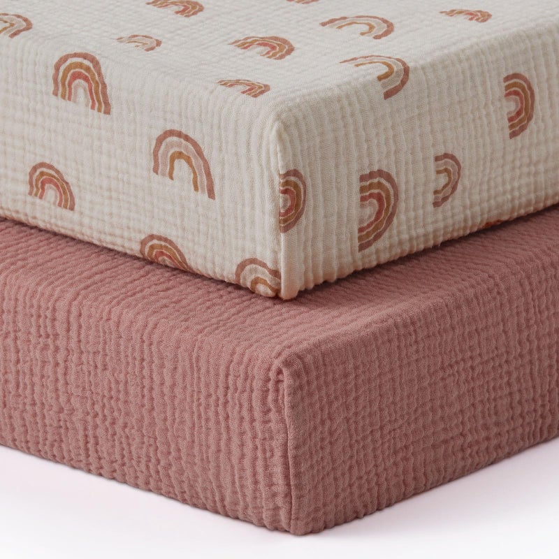 Blissful Diary Muslin Crib Sheets for Girl Boy Boho Neutral Soft Cotton Baby Sheet for 52x28 Standard Crib Mattress 2 PackDusty PinkRainbow