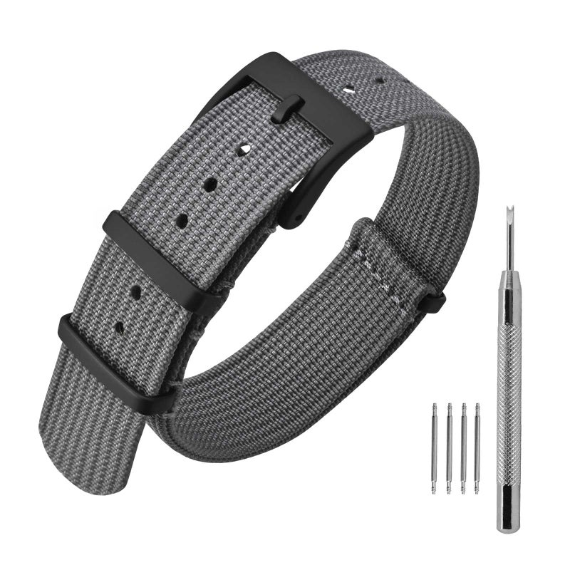 ANNEFIT Nylon Watch Band 22mm OnePiece Waterproof Military Watch Straps with Heavy Black Buckle Grey - Image 2