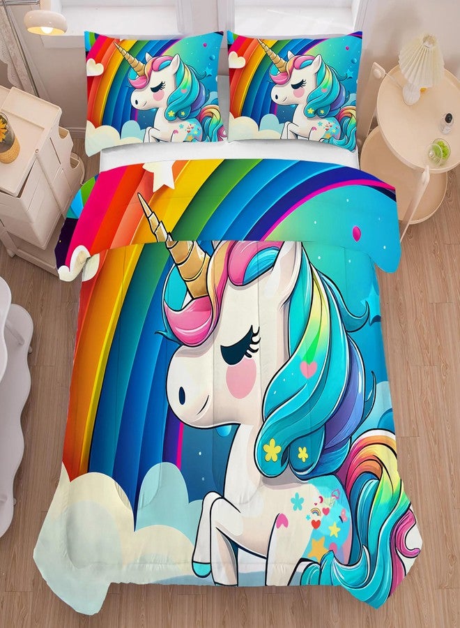 FUYEUN Unicorn Bedding Twin Size Rainbow Unicorn Comforter Set for Girls Kids Children Boys Bedroom Cartoon Light Blue Unicorn Quilt 1 Comforter + 1 Pillowcase - Image 1