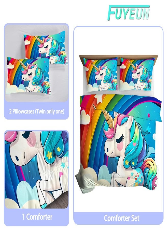 FUYEUN Unicorn Bedding Twin Size Rainbow Unicorn Comforter Set for Girls Kids Children Boys Bedroom Cartoon Light Blue Unicorn Quilt 1 Comforter + 1 Pillowcase - Image 2