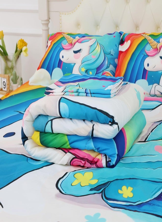 FUYEUN Unicorn Bedding Twin Size Rainbow Unicorn Comforter Set for Girls Kids Children Boys Bedroom Cartoon Light Blue Unicorn Quilt 1 Comforter + 1 Pillowcase - Image 4