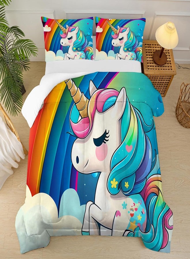 FUYEUN Unicorn Bedding Twin Size Rainbow Unicorn Comforter Set for Girls Kids Children Boys Bedroom Cartoon Light Blue Unicorn Quilt 1 Comforter + 1 Pillowcase - Image 3