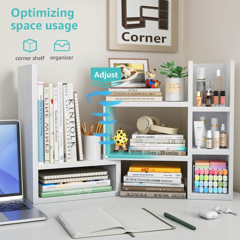 NUTIKAS Desk Shelves Desktop Organizer Shlef - White Office Organization for Top of Desk Organizers and Accessories Corner Bookshelf Table Top Shelving Small Hutch Decorations for Women Office - Image 4