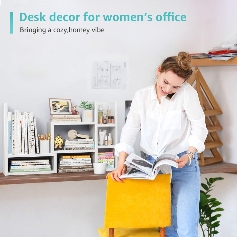 NUTIKAS Desk Shelves Desktop Organizer Shlef - White Office Organization for Top of Desk Organizers and Accessories Corner Bookshelf Table Top Shelving Small Hutch Decorations for Women Office - Image 5