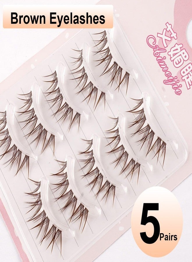 LASGOOS 5 Pairs Brown False Eyelashes Natural Crossed Wispy Lashes 5-15mm Clear Band 3D Fluffy Volume Lashes Eye Lash Extension Look Lightweight Reusable Fake Eyelashes for Daily Makeup Bulk LASGOOS 009 - Image 2