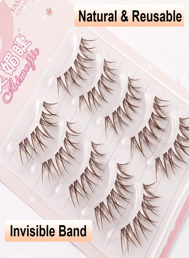 LASGOOS 5 Pairs Brown False Eyelashes Natural Crossed Wispy Lashes 5-15mm Clear Band 3D Fluffy Volume Lashes Eye Lash Extension Look Lightweight Reusable Fake Eyelashes for Daily Makeup Bulk LASGOOS 009 - Image 3