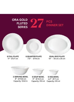 LARAH BY BOROSIL Larah by Borosil Ora Gold Fluted Series Opalware Dinner Set | 27 Pieces for Family of 6 | Microwave & Dishwasher Safe | Bone-Ash Free | Crockery Set for Dining & Gifting | Plates & Bowls | White  - Image 2