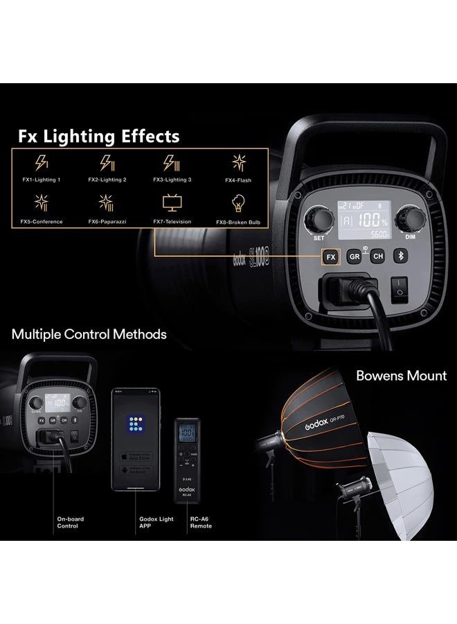 Godox Godox SL100D Daylight LED Video Light, 100W 5600K 32100Lux @1M CRI 96+TLCI 97+ Bowens Mount COB LED Continuous Light, 8 FX Effects 0-100% Brightness Studio Light with RC-A6 Remote - Image 5