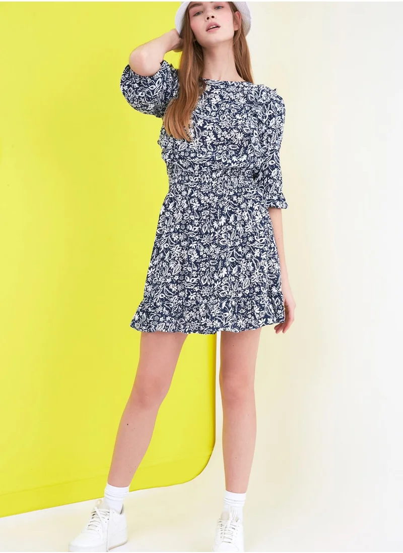 trendyol Crew Neck Ruffle Print Dress