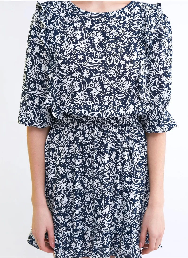 trendyol Crew Neck Ruffle Print Dress
