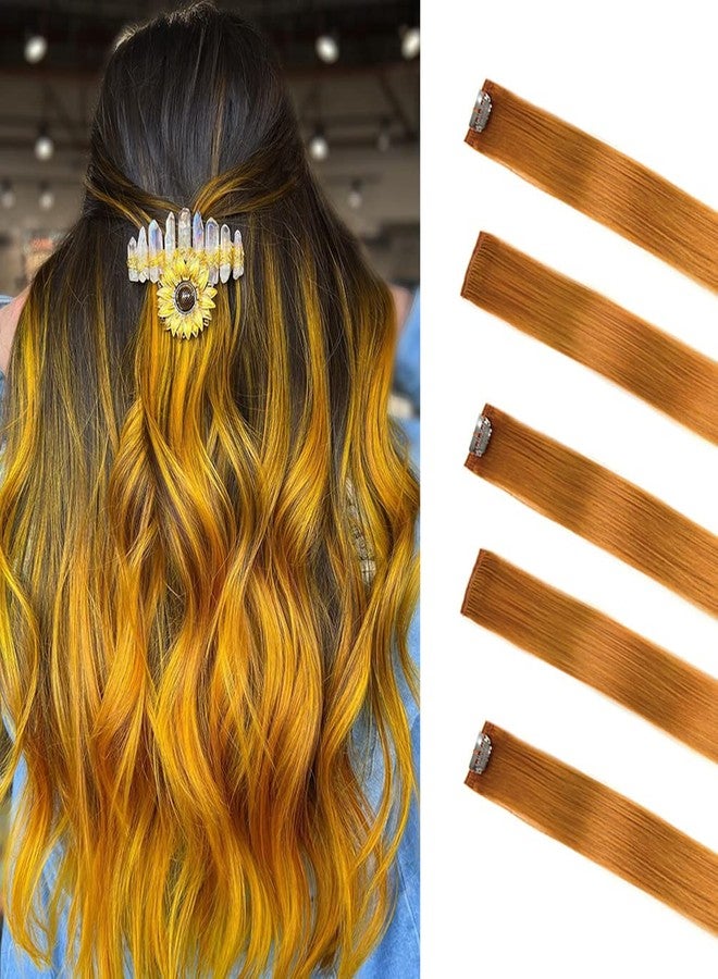 Winsky Yellow Hair Extensions Clip in Human Hair - Clip on Halloween Colored Girls Hair Extensions 5 Pieces/Set (18inch,Sunset Yellow) - Image 2