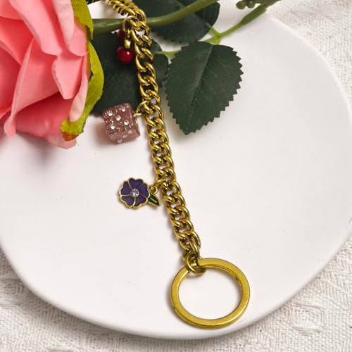 Nalefow Vintage Gold Bag Charms Purse Extender Chain Floral Cute Wallet Keychain Accessories for Women's Handbags Bags &Jeans (Gold with Cherry & Pink Cube) - Image 4