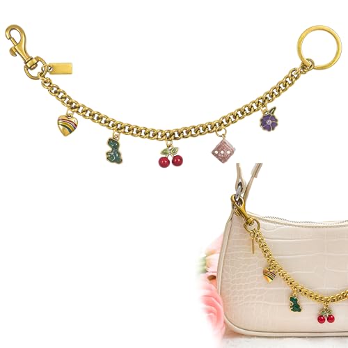 Nalefow Vintage Gold Bag Charms Purse Extender Chain Floral Cute Wallet Keychain Accessories for Women's Handbags Bags &Jeans (Gold with Cherry & Pink Cube) - Image 1