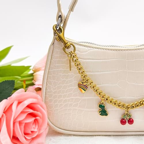Nalefow Vintage Gold Bag Charms Purse Extender Chain Floral Cute Wallet Keychain Accessories for Women's Handbags Bags &Jeans (Gold with Cherry & Pink Cube) - Image 5