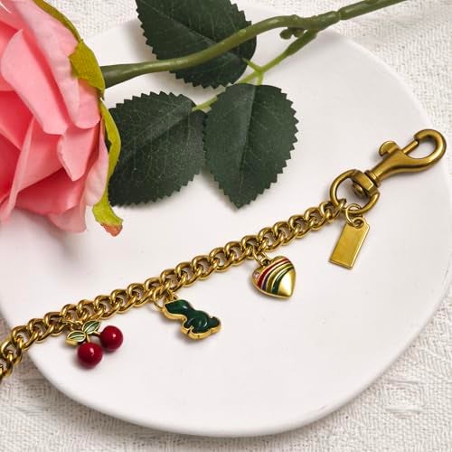 Nalefow Vintage Gold Bag Charms Purse Extender Chain Floral Cute Wallet Keychain Accessories for Women's Handbags Bags &Jeans (Gold with Cherry & Pink Cube) - Image 3