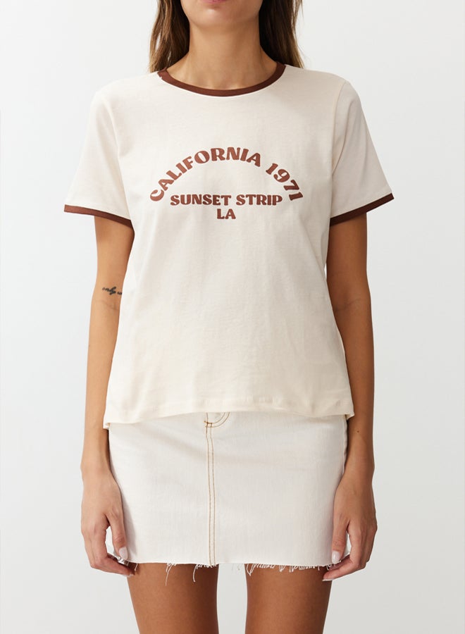 trendyol Stone 100% Cotton Slogan Printed Contrast Piping Detailed Knitted T-Shirt - Image 5